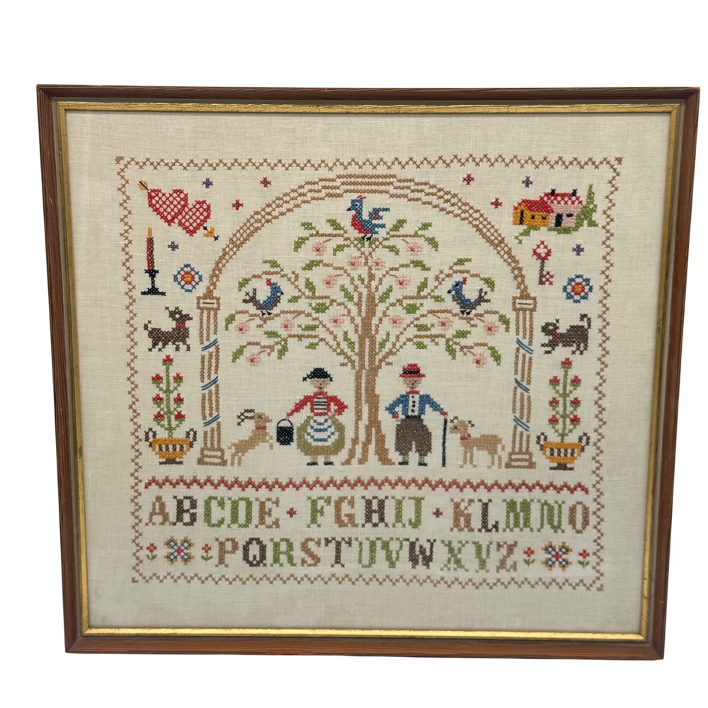 Vintage Framed Cross Stitch Sampler Folk Art Alphabet Tree of Life 20.5" Square